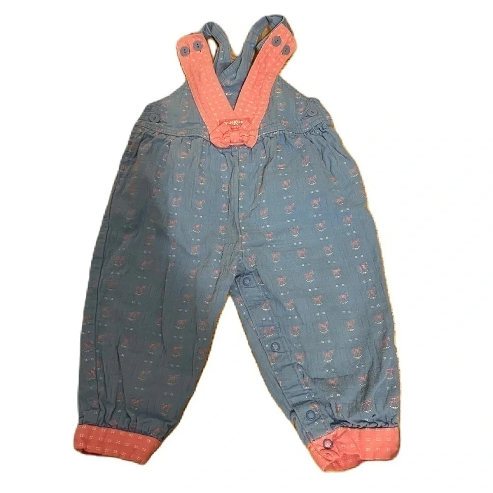 Vintage Oshkosh Denim Overalls Bow 24 mos Vestpak V-back Pink Made in USA